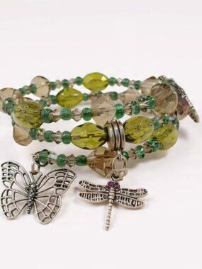 Green Crystal Wrap Bracelet — Cottagecore Butterfly Dragonfly